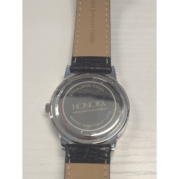 Honora MOP Watch 1.00 Ct Black Spinel Bezel Leather 38mm Fits 7 -9" New Battery - Picture 4 of 5